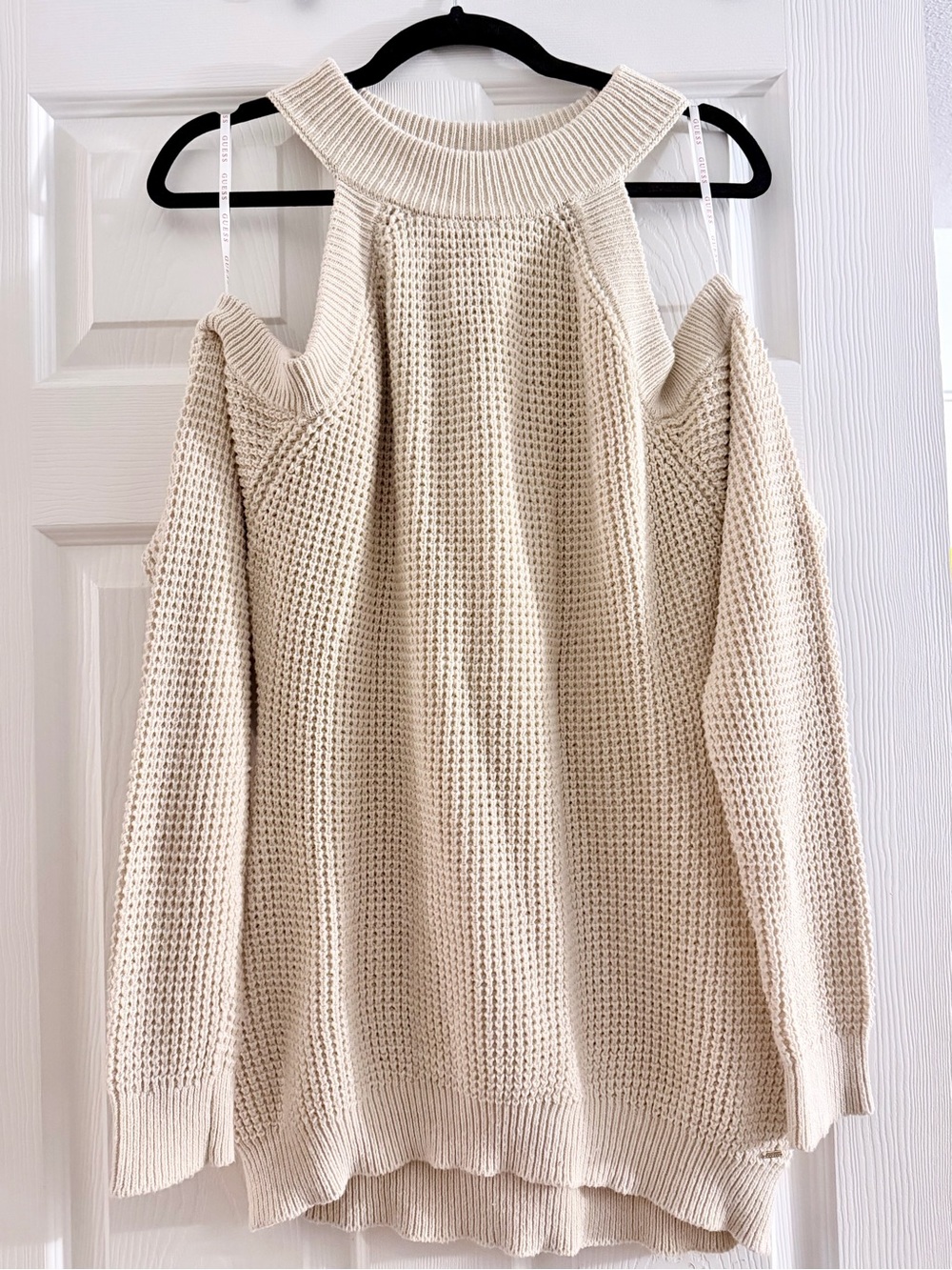Guess Cream Cold-Shoulder Waffle Knit Sweater